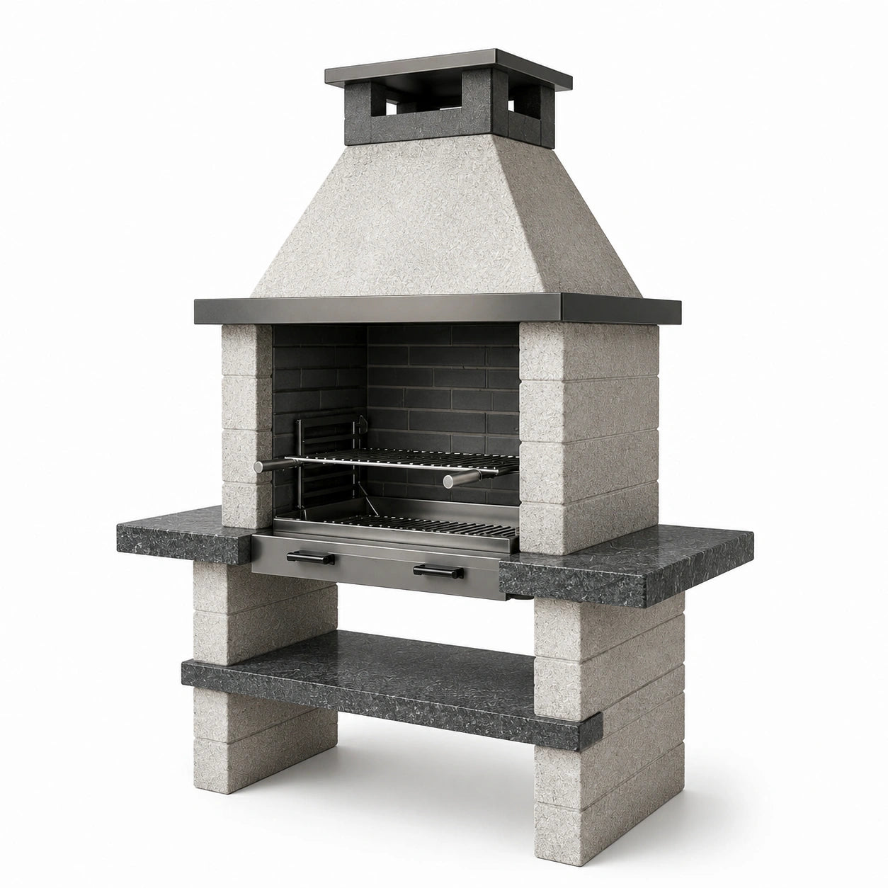 Barbecue da esterno in pietra con griglia in acciaio inox, grigio e nero