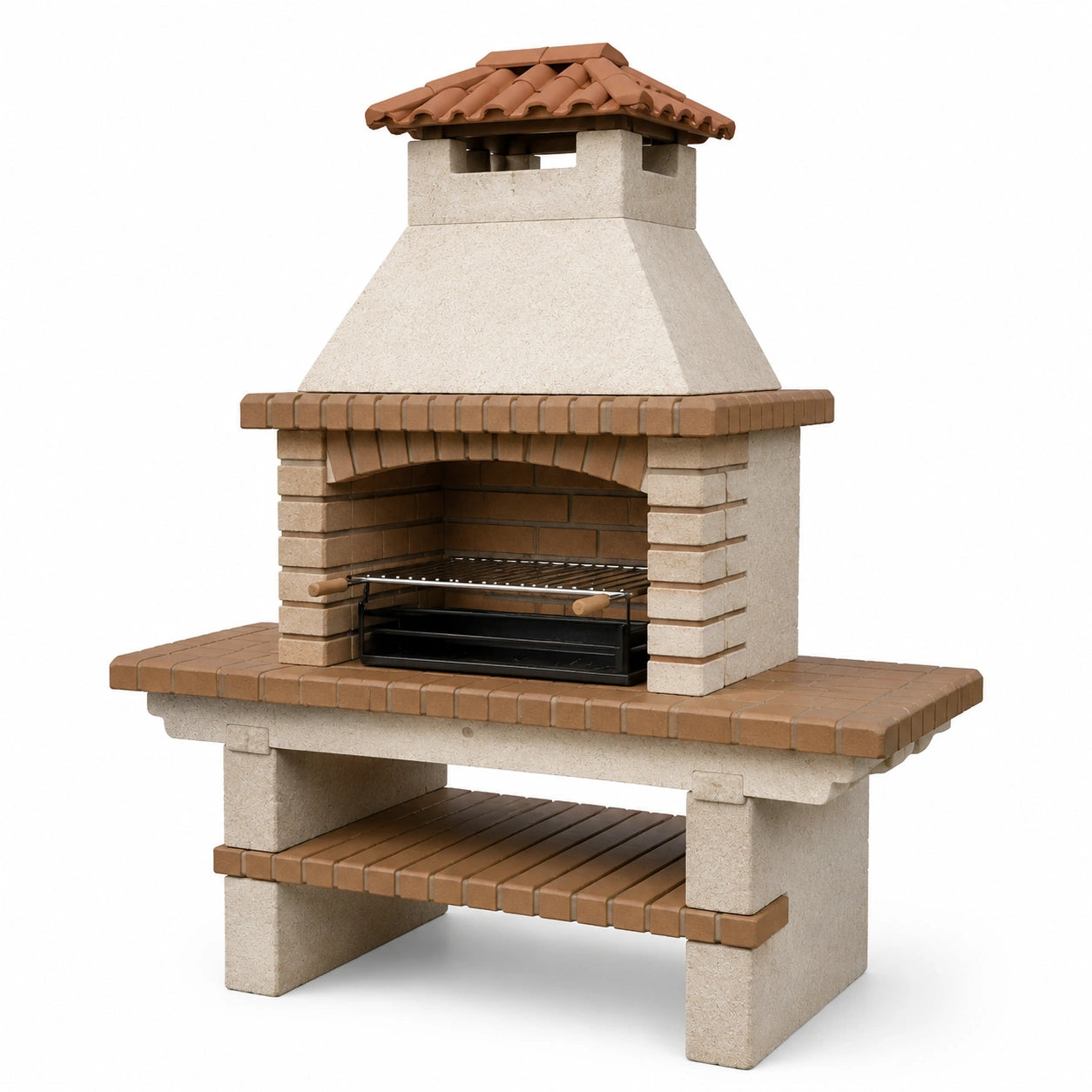 Barbecue in muratura con camino, cemento e mattoni in terracotta