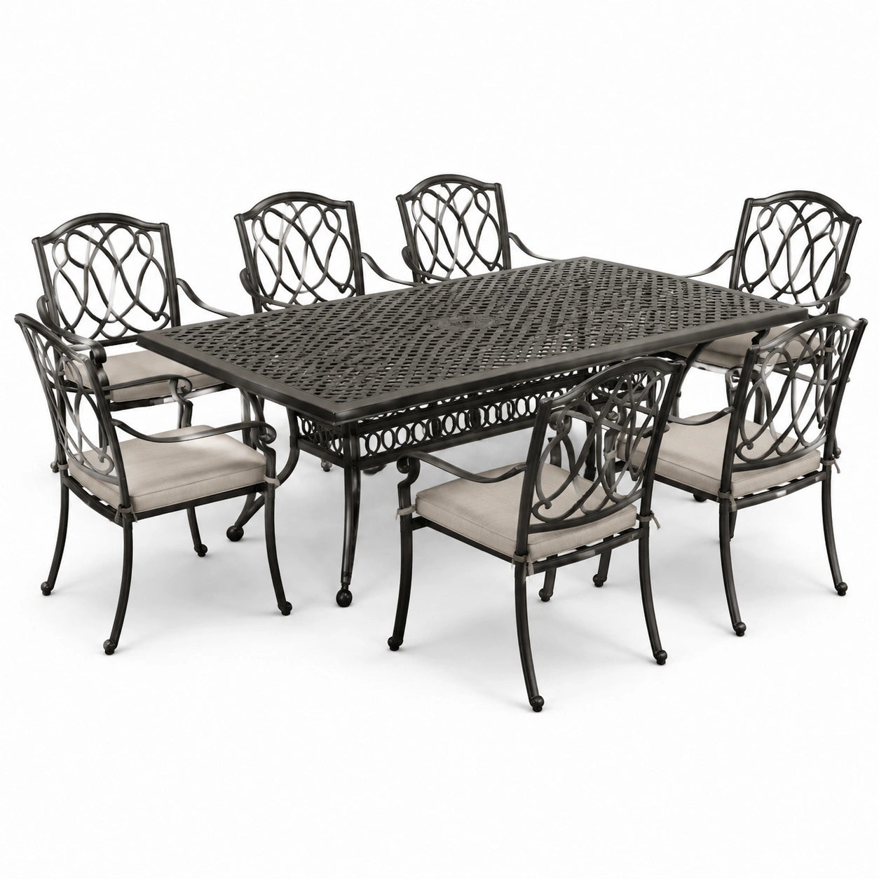 Set da pranzo in alluminio con 6 sedie e cuscini