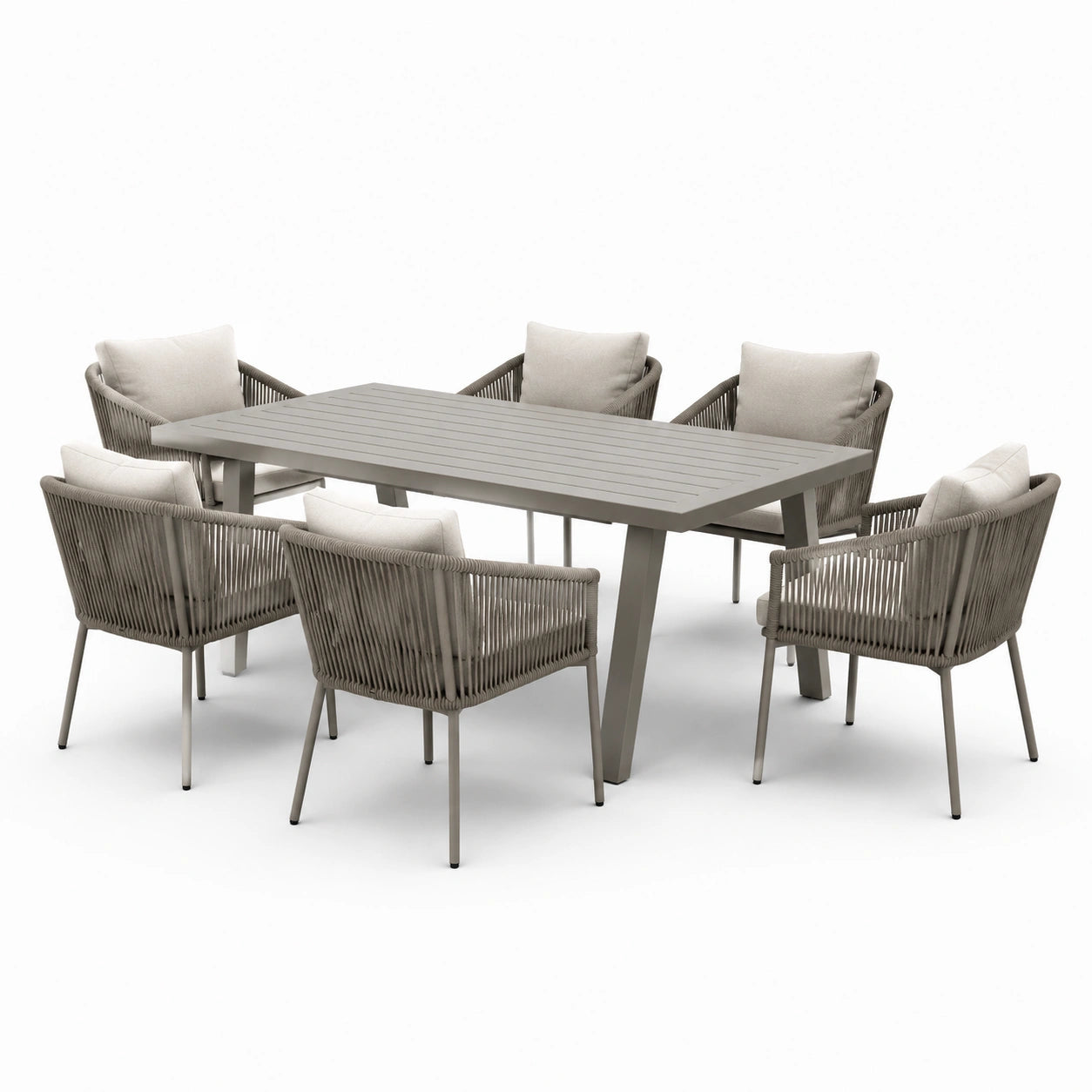 Set da pranzo da giardino 7 pezzi in alluminio e corda con cuscini grigio chiaro