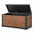 Baule da giardino con pannelli in legno e struttura in plastica nera 120x60x65 cm