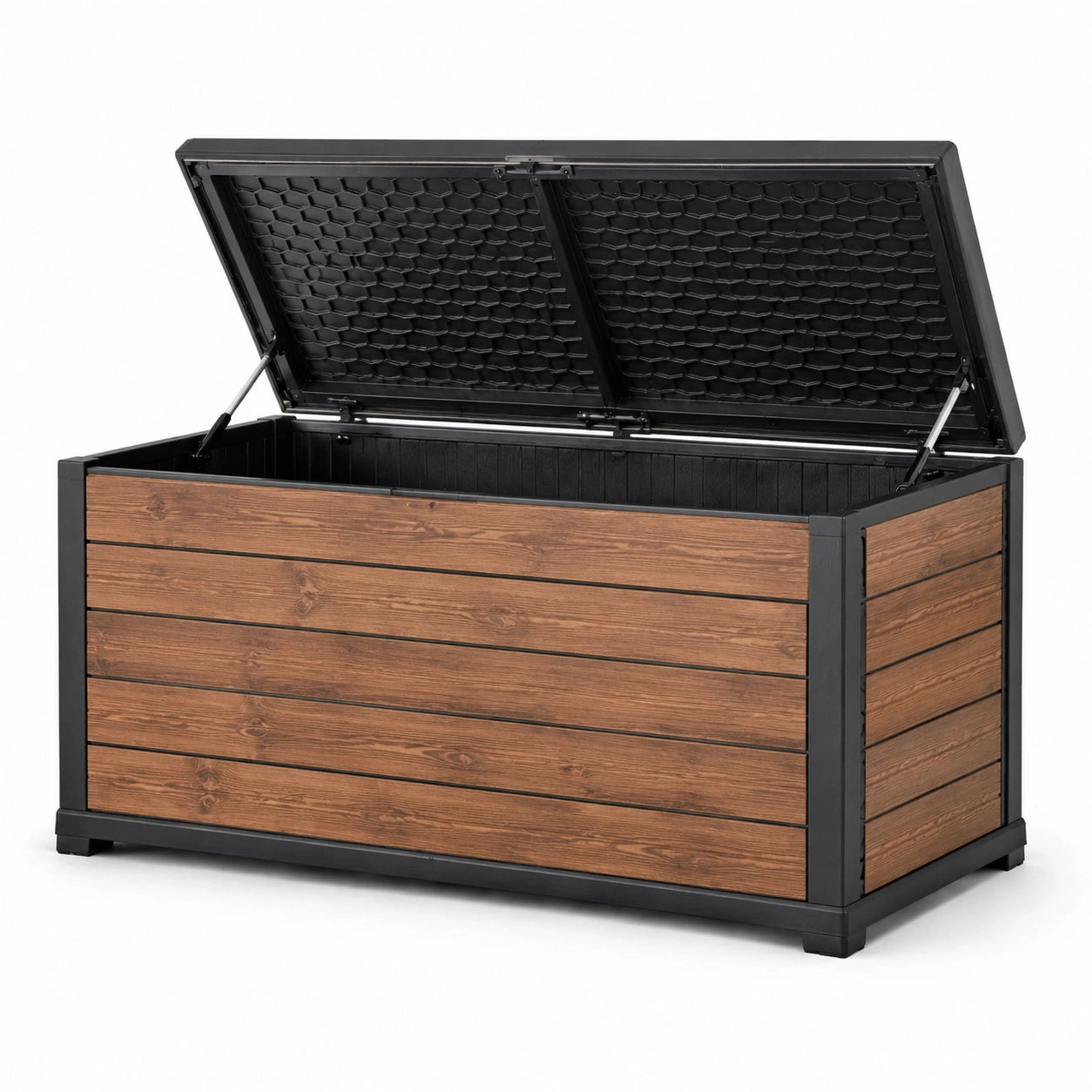 Baule da giardino con pannelli in legno e struttura in plastica nera 120x60x65 cm