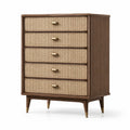 Cassettiera a 5 cassetti in legno e rattan con maniglie in ottone