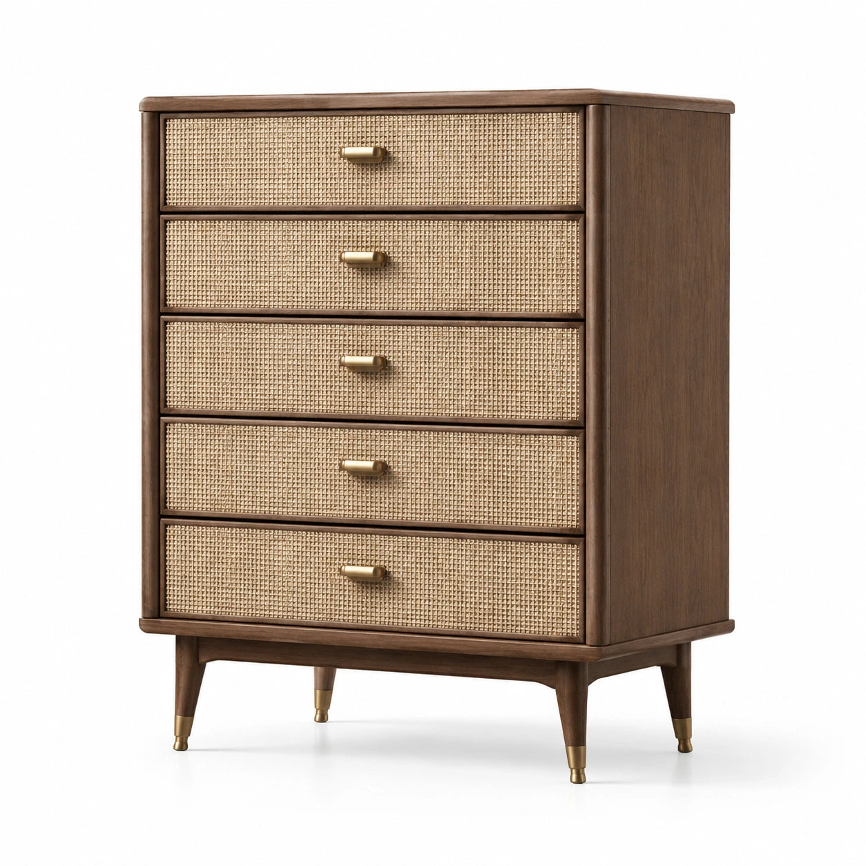 Cassettiera a 5 cassetti in legno e rattan con maniglie in ottone