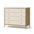 Cassettiera in legno con piano in marmo e gambe dorate, 4 cassetti, bianco/beige