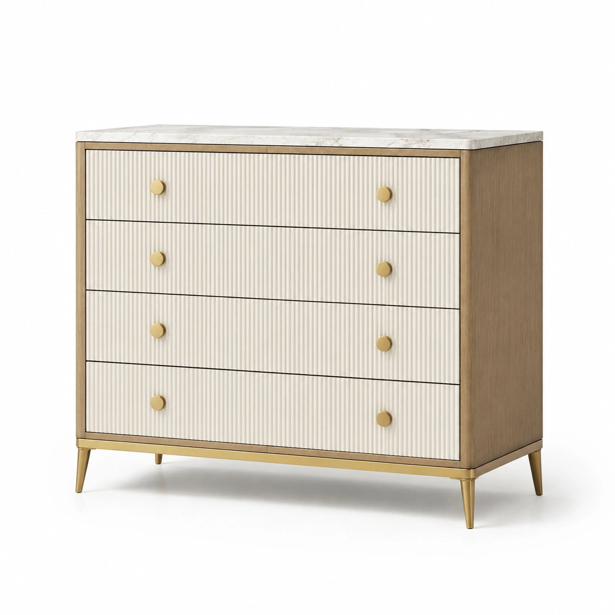 Cassettiera in legno con piano in marmo e gambe dorate, 4 cassetti, bianco/beige