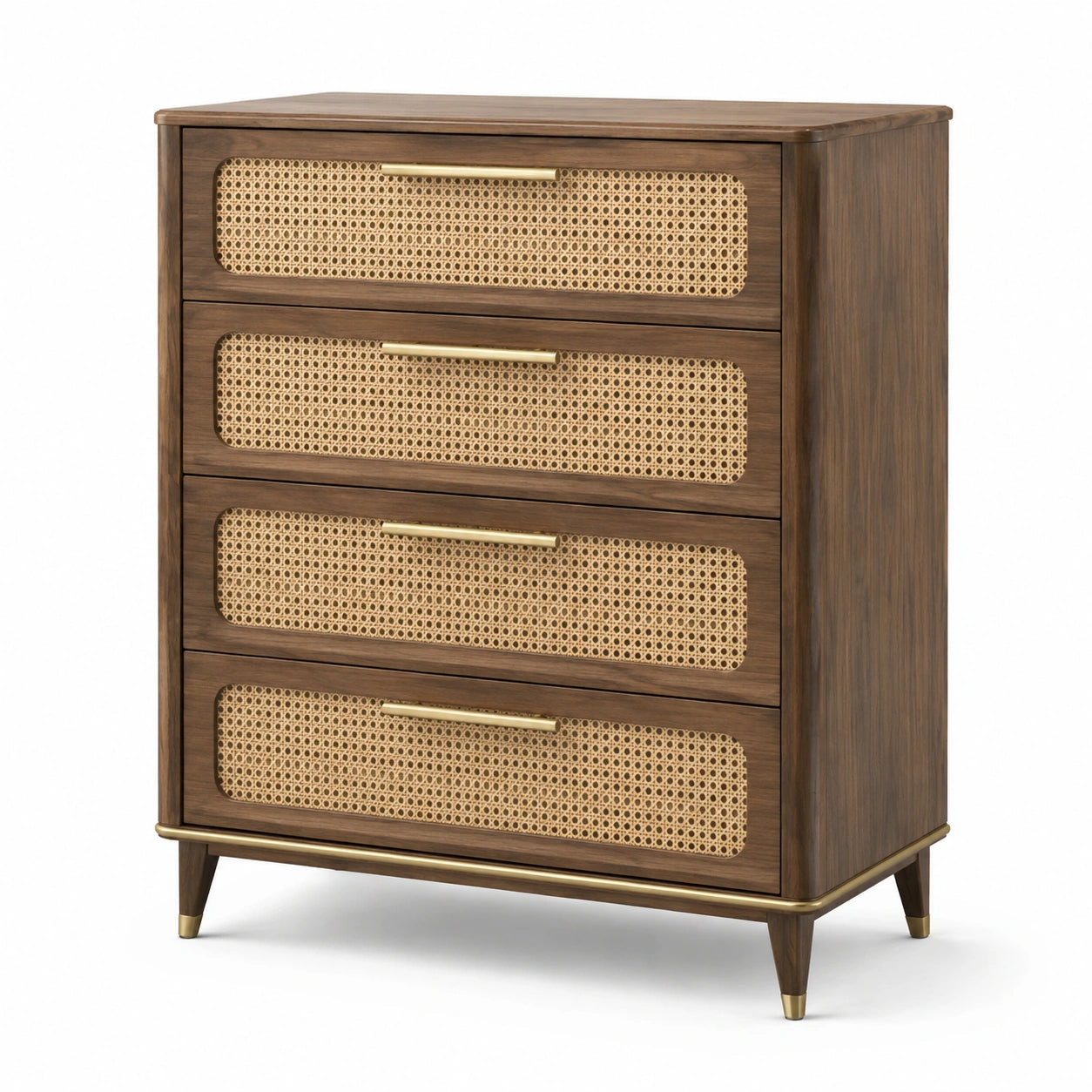 Cassettiera in Legno e Rattan 4 Cassetti Marrone