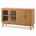 Credenza in legno di rovere con ante in vetro temperato, 150x45x80 cm, colore naturale