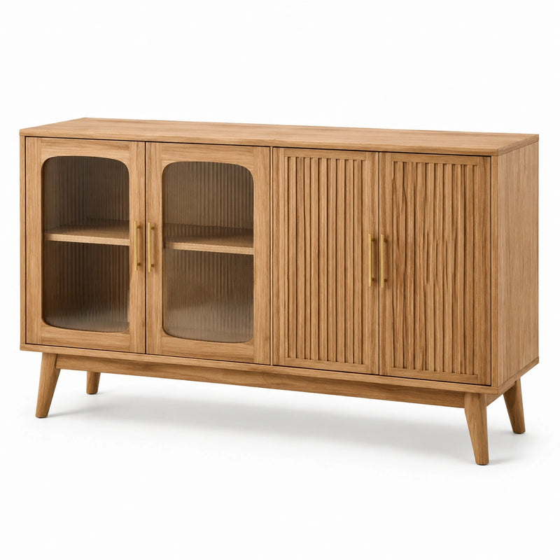 Credenza in legno di rovere con ante in vetro temperato, 150x45x80 cm, colore naturale