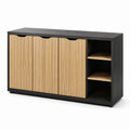 Credenza in legno MDF con ante a doghe e ripiani laterali