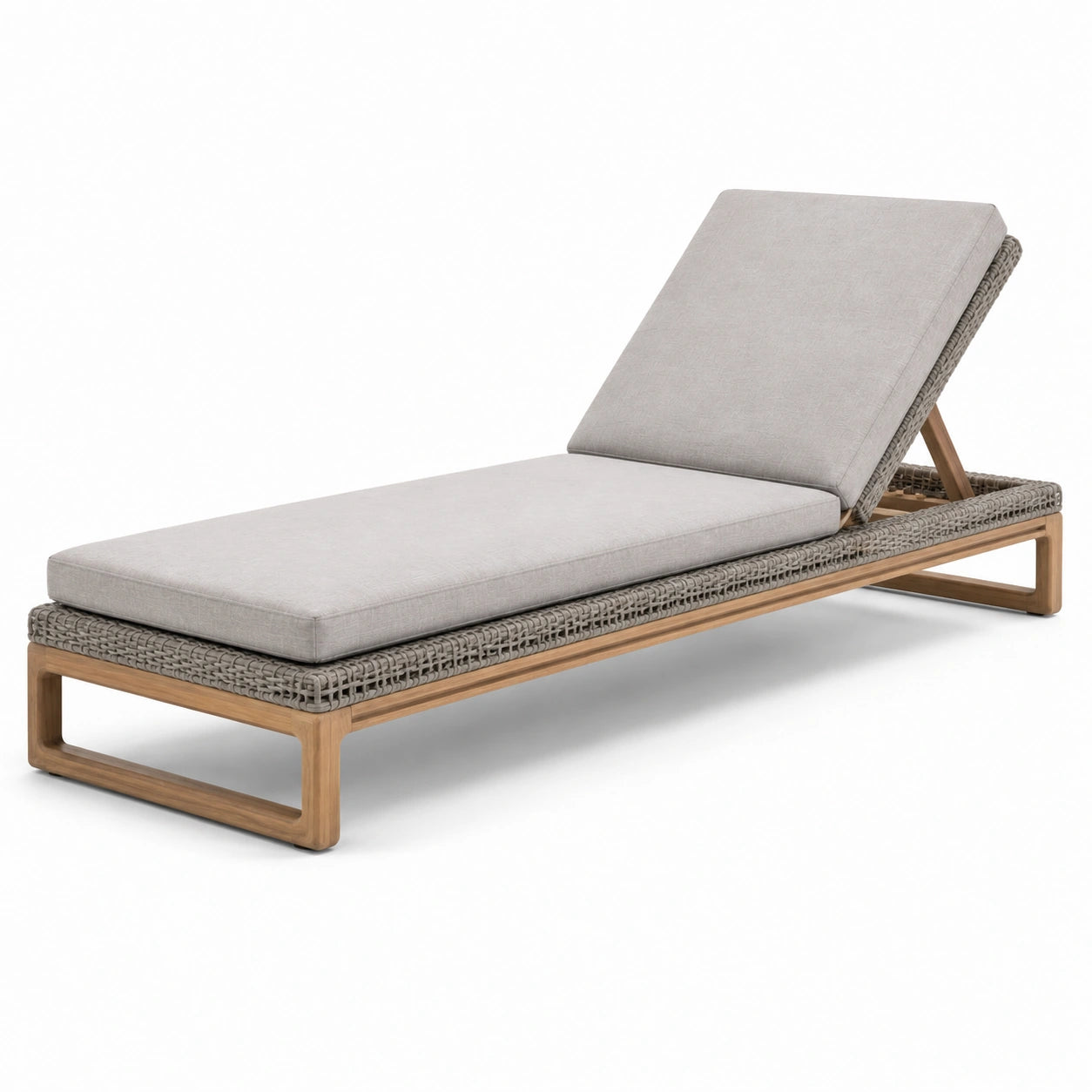 Lettino da esterno in teak e rattan con cuscino regolabile grigio