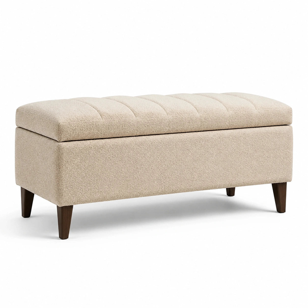 Panca contenitore in tessuto beige con gambe in legno