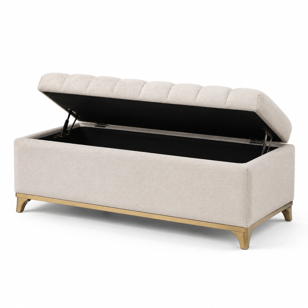 Panca contenitore tessuto beige con base in metallo