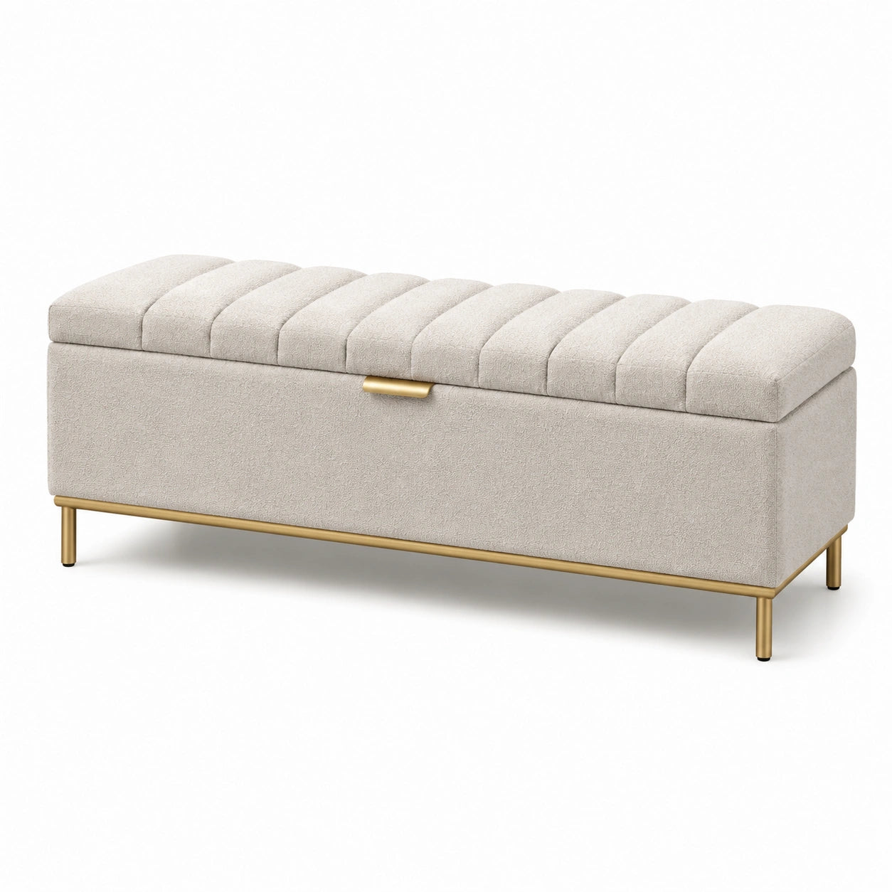 Panca contenitore in tessuto con struttura in metallo dorato 120x40x45 cm