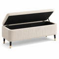 Panca contenitore in tessuto a coste beige con gambe in metallo