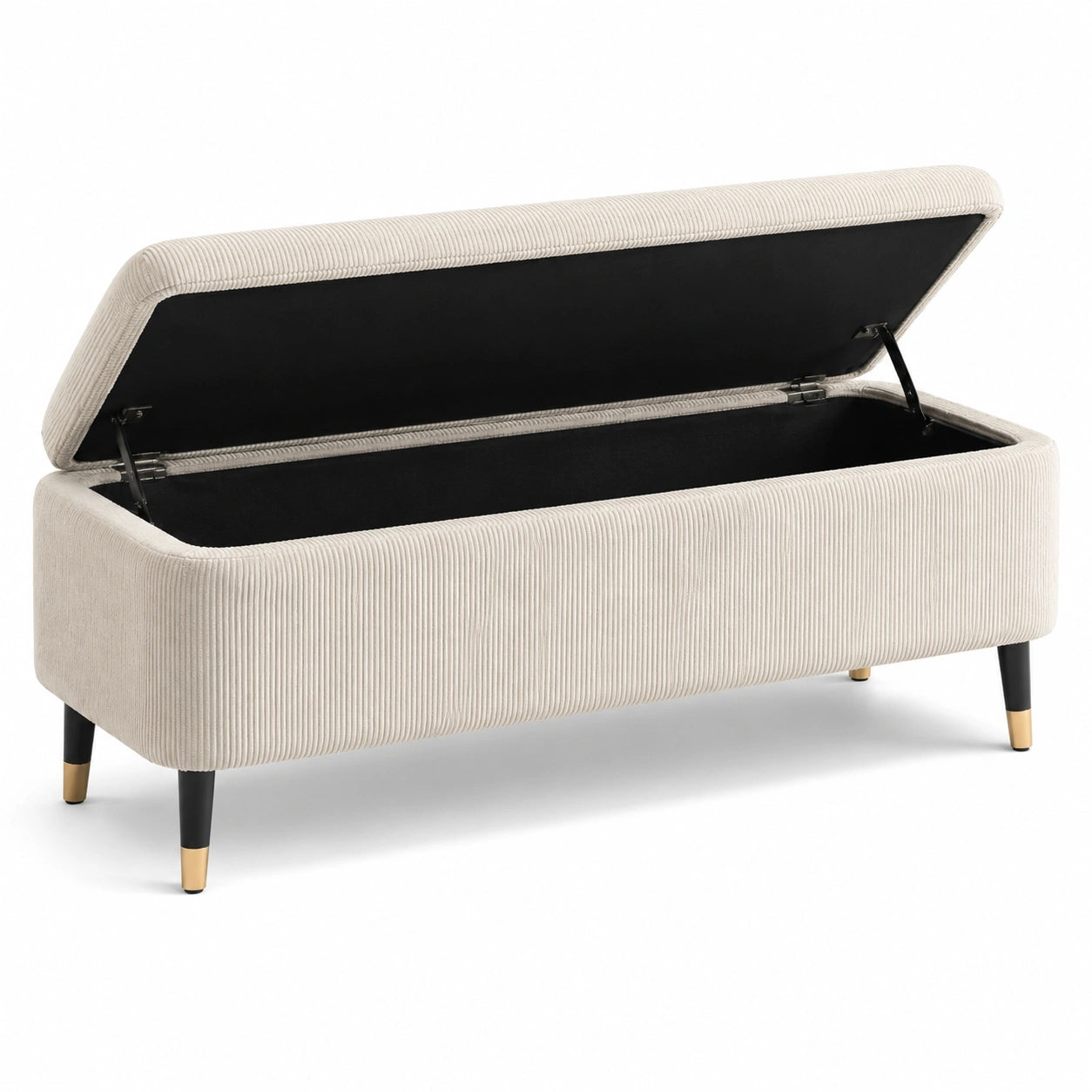 Panca contenitore in tessuto a coste beige con gambe in metallo