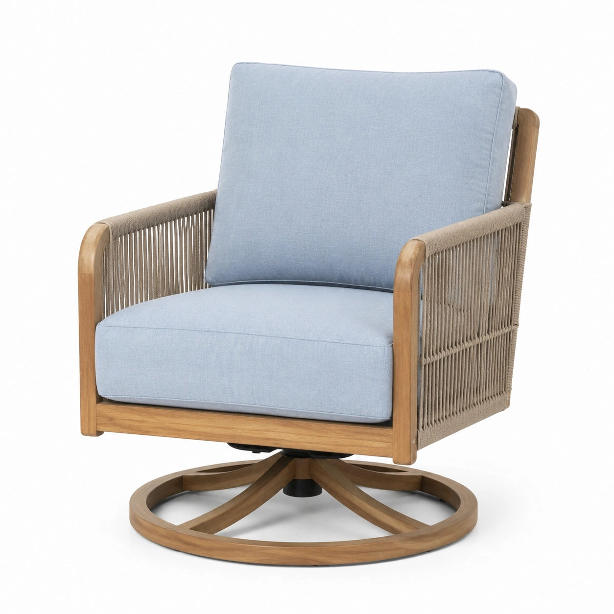 Poltrona girevole in legno di teak con tessuto in poliestere blu