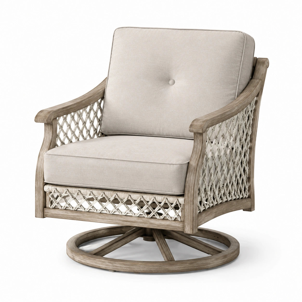 Poltrona girevole in legno e tessuto beige